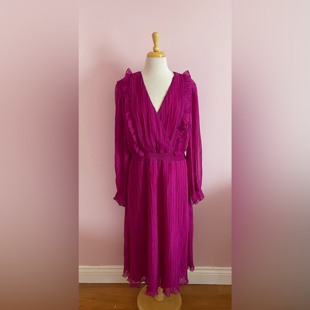 Eloquii Fuchsia Long Sleeve Ruffled Midi Dress